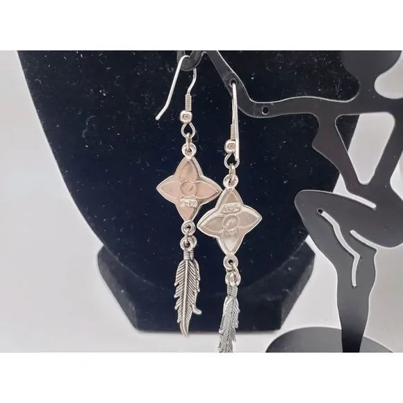 Silver-tone and Turquoise Green/Red Star w/Feathers Earrings - 3" inches - Picture 2 of 4